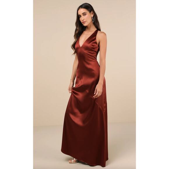 Lulus Purely Elegant Rust Brown Satin Twist Back Maxi Dress Medium Formal NWT - Picture 4 of 10